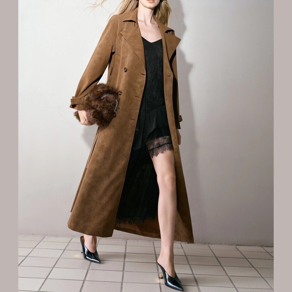 Brown Vegan Suede Belted Trench Coat - Picture 5 of 7